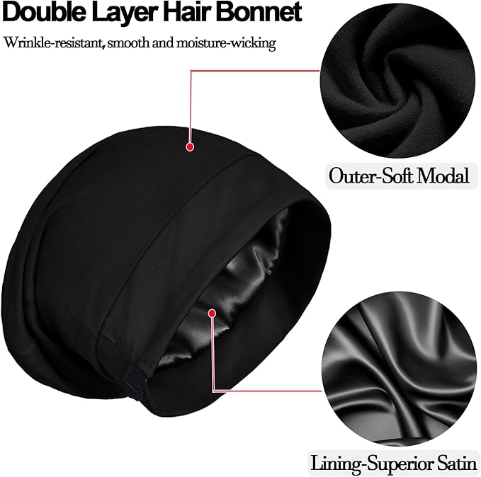 Satin Bonnet for Sleeping Night Cap, Adjustable Satin Lined Silk Bonnets Sleep Cap for Curly Hair Braids Beanie Black Women