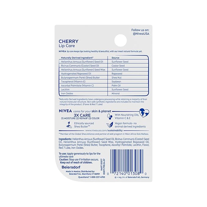 NIVEA Cherry Lip Care, Tinted Lip Balm with Shea Butter, Nourishing Oils and Vitamin C & E, 3-in-1 Moisture, Repair (for Dry Lips) and Color, 0.17 Oz Stick (Pack of 6)