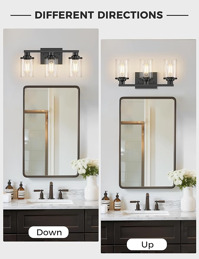 L LOHAS LED 3-Light Black Bathroom Light Fixtures,Modern Bathroom Lighting Fixtures Over Mirror with Clear Glass Shade, Vanity Lights for Living Room, ETL Listed
