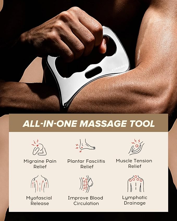 Coralogo Stainless Steel Gua Sha Tools - 4pc Skin Care Tools Set with Gua Sha Oil, Soap, Muscle Scraper for Face Massaging Body Relaxing, Self Care Gift for Her Birthday Mother's Day