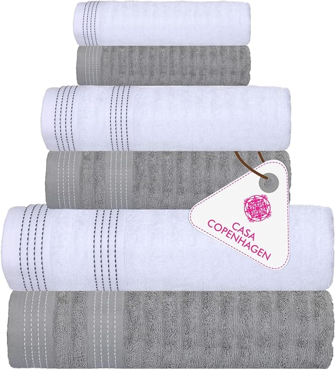 CASA COPENHAGEN Elegance 6Pcs 100% Egyptian Cotton Large Designer Towels Gift Set- Grey Violet-Pure White, 550GSM, 2Bath 2Hand 2Washcloths, Bath Towels for Bathroom Set for Women & Men