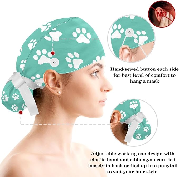 Adjustable Brown Dachshund Dog Blue Surgical Scrub Cap with Button,Sweatband for Women with Bow Hair Scrunchy