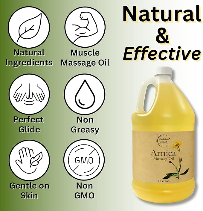Brookethorne Naturals Arnica Massage Oil for Massage Therapy | Arnica Montana & Lemongrass Essential Oil – All Natural Supports Active Lifestyles – Paraben Free, Made in USA – 1 Gallon