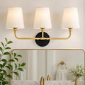 Bathroom Light Fixtures, Black and Gold Vanity Lights with Flared White Fabric Shade, 3-Light Wall Sconce, Modern Sconces Wall Lighting for Hallway Bedroom, VL837-KG-3