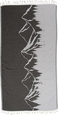 InfuseZen Turkish Towel with Mountain Landscape – 100% Organic Turkish Cotton - Sand Free Quick Dry Beach Peshtemal – Thin Reversible Absorbent Pool Hammam – Plus Size Gym, Travel Fouta (Black)