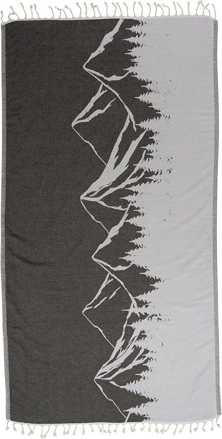 InfuseZen Turkish Towel with Mountain Landscape – 100% Organic Turkish Cotton - Sand Free Quick Dry Beach Peshtemal – Thin Reversible Absorbent Pool Hammam – Plus Size Gym, Travel Fouta (Black)