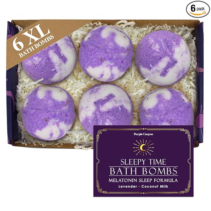 Purple Canyon Bath to Bed Natural Bath Bombs | Calming and Relaxing Sleep Support with Melatonin | Lavender and Coconut Milk Scented Handmade Bath Bombs Set