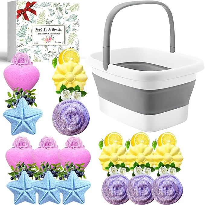 Lanwexy Foot Soaking Tub,Collapsible Bucket,Foot Spa,Foot Bath 16 Pack Foot Soak with Bath Salt and Tea Tree Oil.Foot Bath Soak Tub,Foot Balls for Foot Callus, Dry Cracked, Stubborn Foot Odor Scent.