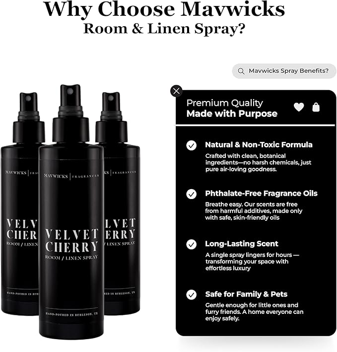 Mavwicks Fragrances - (Velvet Cherry) Linen & Room Spray (8oz) – Bedroom & Home Fragrance Mist, Long-Lasting Freshness To Brighten Up Your Space, Fabric & Air Freshener, Aromatherapy Scent Spray