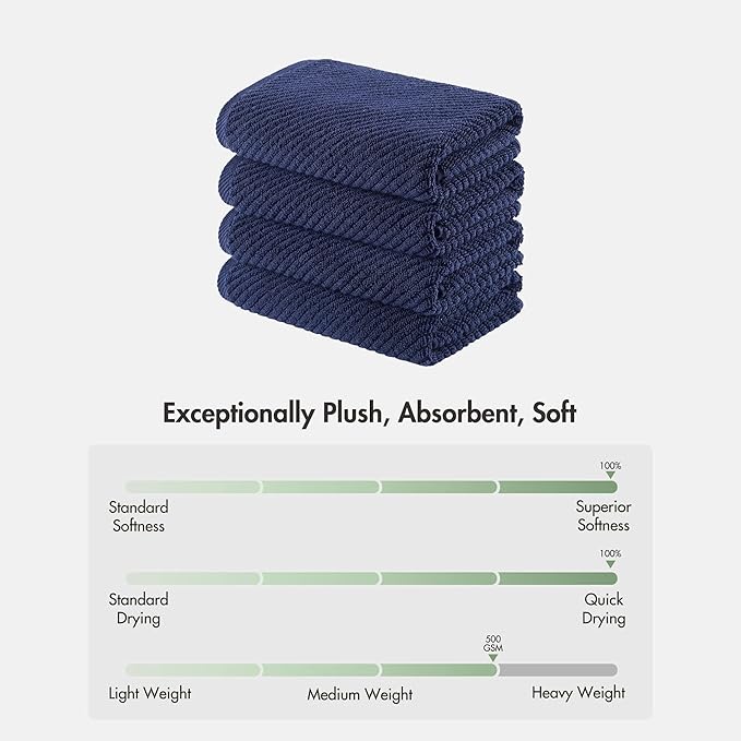 Madison Park 4-Piece Hand Towel Set for Bathroom 18" x 28" Diagonal Ribbed, Navy - 100% Cotton Soft Quick Dry & Absorbent Gift | Zero Twist, 500 GSM, Oeko-TEX, Hotel Quality