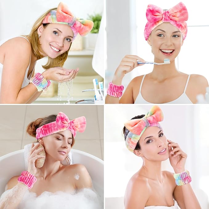 Wteehn 6pcs Headband and Wristband for Face Washing, Makeup Spa Skincare Headband, Skin Care Face Wash Headbands Wrist Bands Tools Set, for Women and Teen Girls Gifts