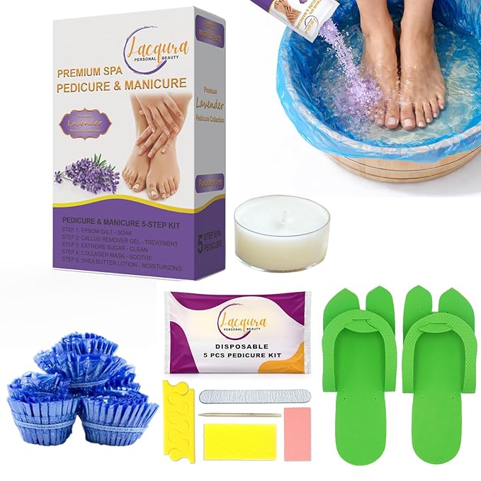 Deluxe 6 Step Pedicure Kit with Massage Oil Candle, Epsom Salt, Callus Remover Gel, Collagen Mask & Shea Butter Lotion + Disposable Pedicure Kit, Liner & Slippers (12 Sets, Lavender)