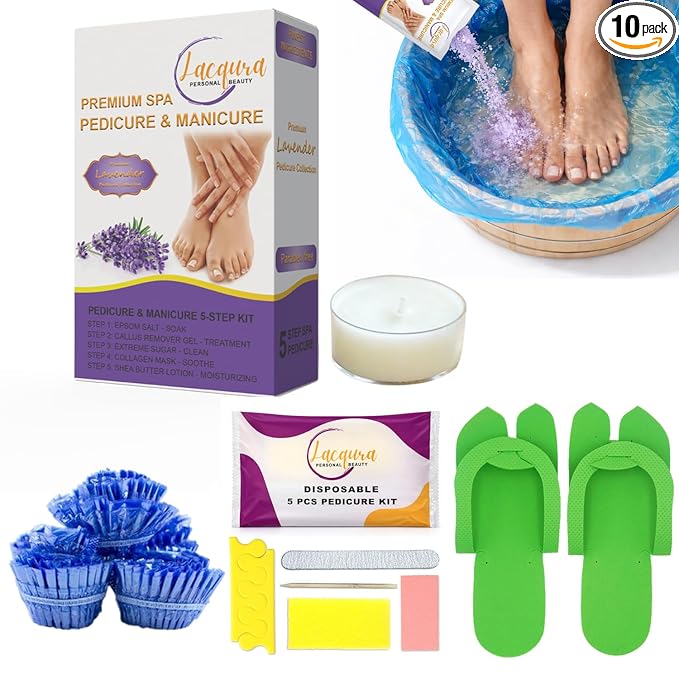 Deluxe 6 Step Pedicure Kit with Massage Oil Candle, Epsom Salt, Callus Remover Gel, Collagen Mask & Shea Butter Lotion + Disposable Pedicure Kit, Liner & Slippers (03 Sets, Lavender)