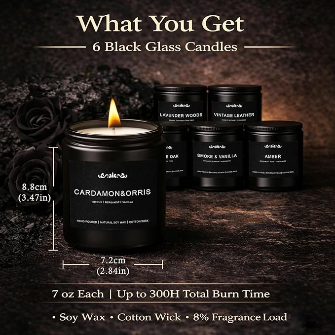 Candles for Men, 6 Pack Soy Wax Gift Set, 300H Long Lasting Home Fragrance with Masculine Scents, Gift for Dad, Husband or Boyfriend