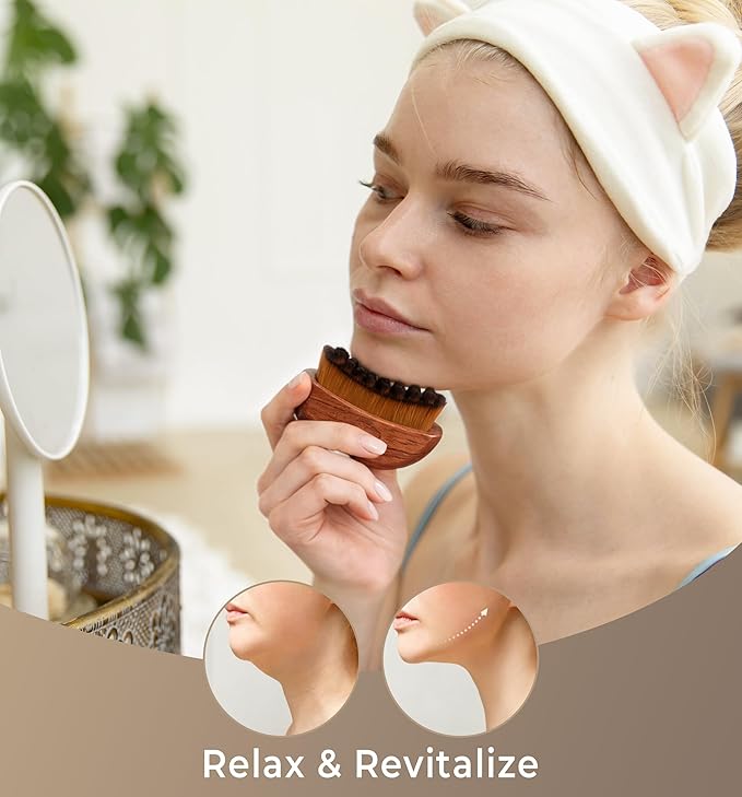 2PCS Lymphatic Contour Face Brush - Wooden Handle Face Brush for Lymphatic Drainage - Facial Sculpting Dry Guasha Brush - Face Lymphatic Drainage Brush - Face Contour Depuff Lift Brushes Sapele