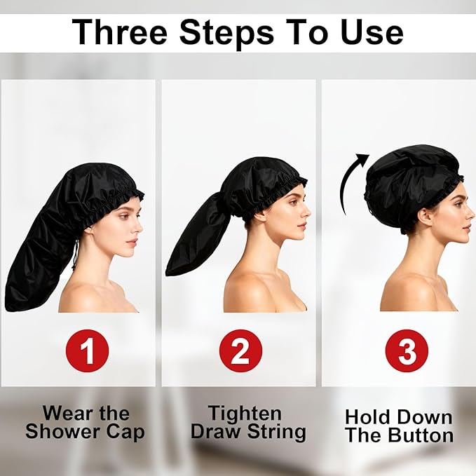 ELEBOX 4 Pack Extra Large Shower Cap for Braids/Curly Hair/Dreadlock | XL Bathing Cap with Adjustable Drawstring & Button | Reusable Waterproof Long Bonnets for Women Shower/Cooking/Cleaning/Spa