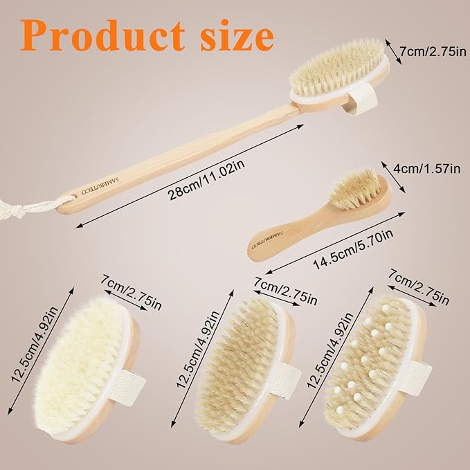 SAMEBUTECO Dry Brushing Body Brush Set with Long Handle, Natural Boar Bristle Body & Face Brush, Wooden Detachable Scrub Brush, 3 Brush Heads for Exfoliating & Body Care