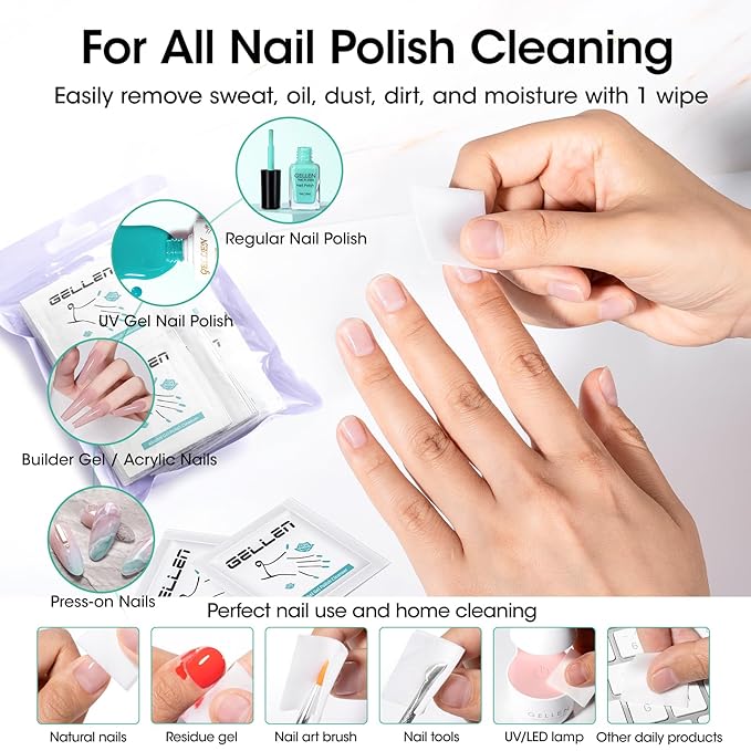 Gellen Nail Cleanser Pads 50PCS with 10PCS Manicure Tools Kit: Ceramic Cuticle Pusher Pen, Remover and Cuticle Oil Nail Prep Care Kit, Nail File 100/180, Polishing Buffer, Nail Clipper & Brush
