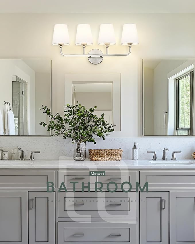 Bathroom Light Fixtures, 4 Light Vanity Lights with Flared White Fabric Shade, 28 Inch Brushed Nickel Wall Sconce, Modern Sconces Wall Lighting for Hallway Bedroom, VL837-BN-4