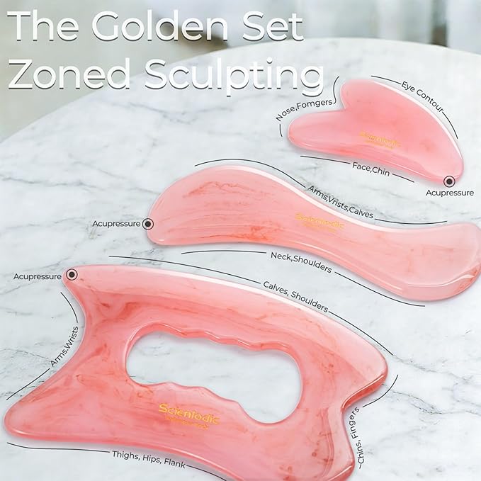 Scienlodic 3 Pcs Gua Sha Massage Tools for Face & Body (Pink, Resin) - Scraping Tools for Back, Legs & Muscle Relaxation, Guasha Facial Tool for Jawline Contouring & Puffiness Reduction
