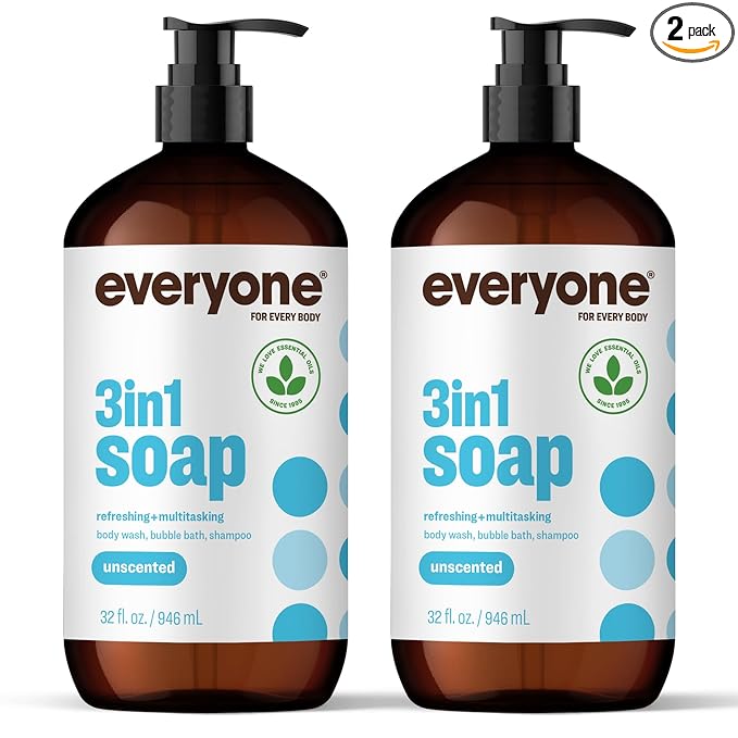 Everyone 3-in-1 Soap, Body Wash, Bubble Bath, Shampoo, 32 Ounce (Pack of 2), Unscented, made for Men and Women