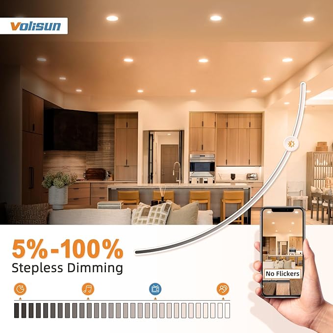 VOLISUN 12 Pack 4 Inch 5CCT Recessed Light with Night Light,Canless LED Recessed Lighting 4 inch,2700K-5000K Selectable,9.5W=80W,810LM Dimmable Recessed Ceiling Wafer Light,ETL Certificated