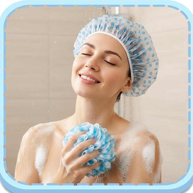 6PCS Shower Caps, Waterproof Reusable Plastic Shower Caps Elastic Band Flower Printed Hair Cap Bath Hair Hat for Women Ladies Spa Salon (Red+Green+Blue)