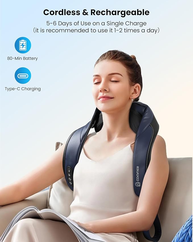COMFIER FSA Eligible Cordless Neck Massager with Heat, 4D Shiatsu Deep Tissue Kneading for Neck & Shoulders, Graphene Heating Massage Pillow, Portable & Rechargeable, Mothers Day Gift