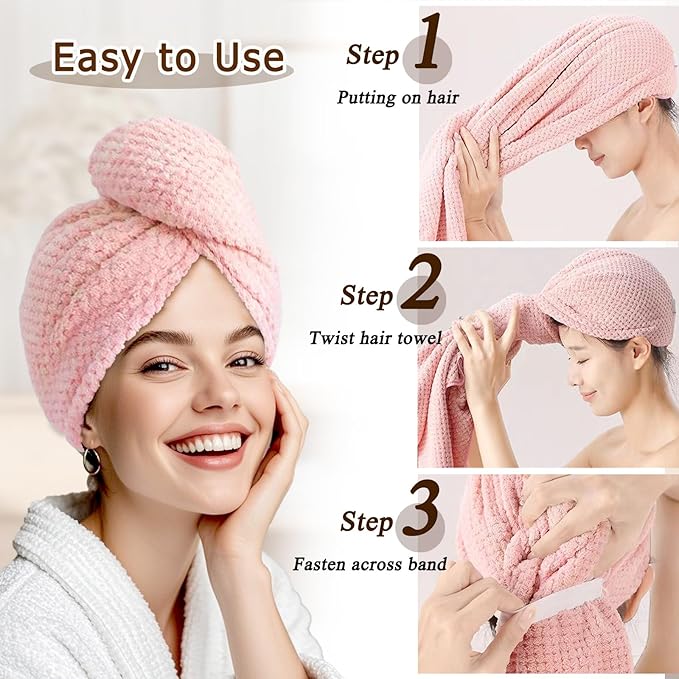 Microfiber Hair Towel Wrap for Women, Quick-Dry Turban, Ultra Absorbent & Anti-Frizz, Ideal for Long, Thick & Curly Hair, Soft Lightweight Drying Towel (24x42, Pink)
