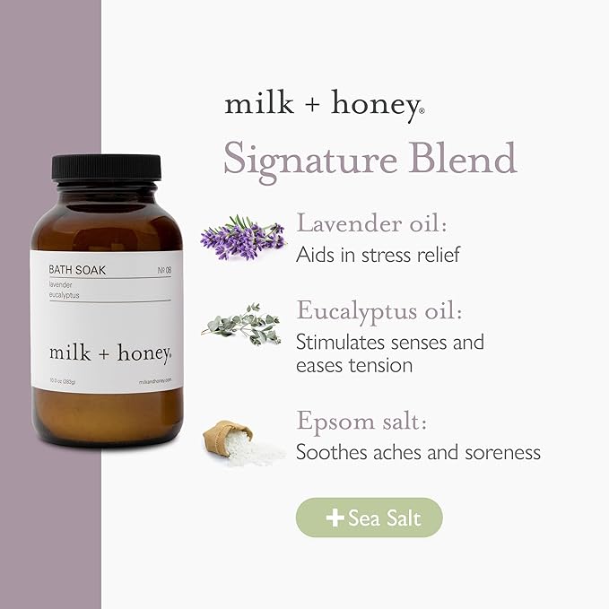 Milk + Honey Calming Bath Soak No. 8 – Moisturizing Epsom Salt with Lavender & Eucalyptus – Relaxing Aromatherapy Soak for Sore Muscles, Dry Skin & Stress Relief – 10 oz