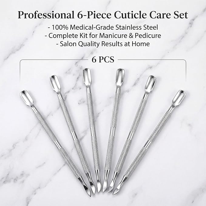 6 Pcs Dual-Sided Cuticle Pusher Set, Stainless Steel Cuticle Pusher Tool, Cuticles Trimmer, Nail Scraper, Professional Cuticles Remover Tool for Manicure Pedicure Nail Care Tools