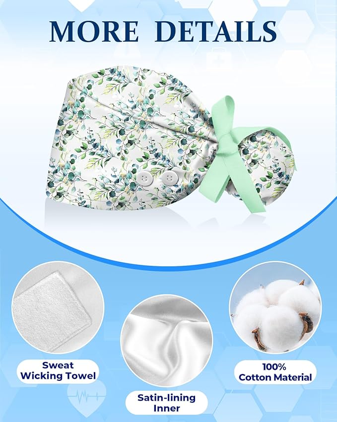 Plifal 100% Cotton Scrub Cap with Buttons-Nurse Cap with Sweatband for Women, Adjustable Working Hat,Satin Lined or Unlined