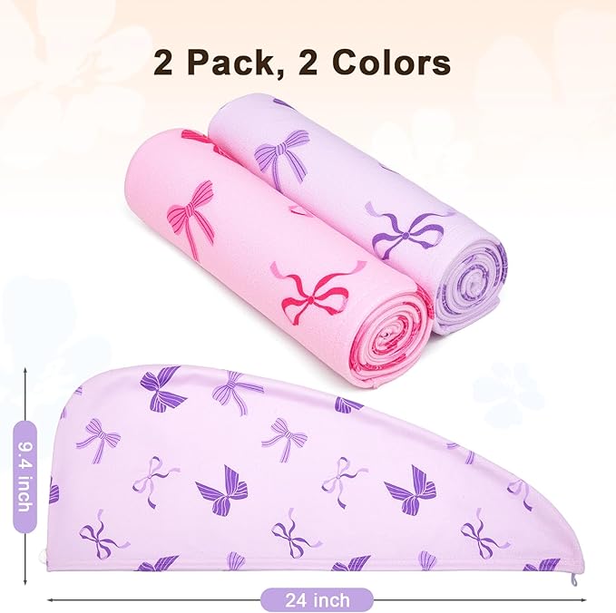 Unicorn Castle Microfiber Hair Towel for Kids 2Pack Hair Wrap Towels Absorbent Hair Drying Towel Wrap Hair Turbans for Curly Thick Hair, Pink Purple Bow