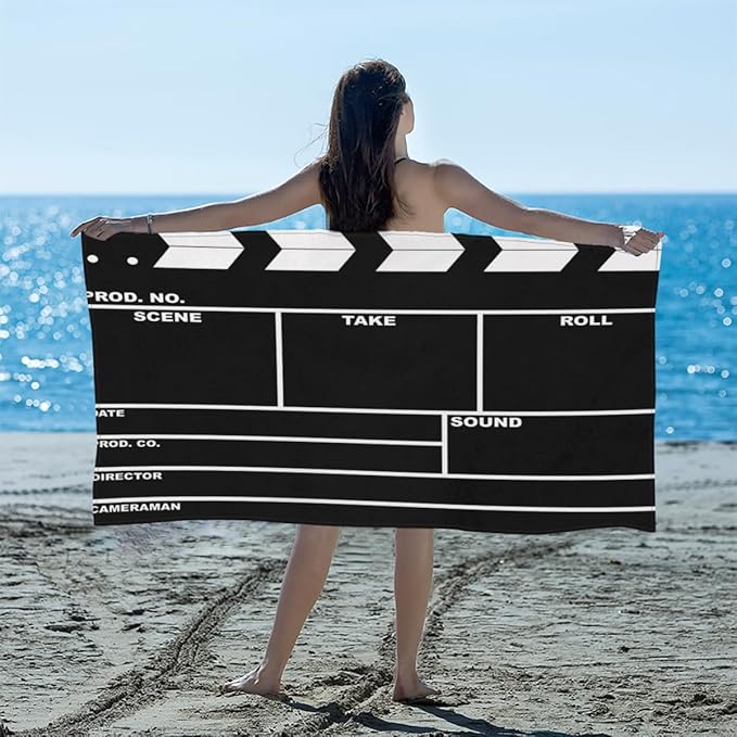 Black Movie Clapboard Beach Towel Oversized Quick Dry Beach Blanket Microfiber Sand Free Absorbent Lightweight Cinema Clapboard Bath Towel for Pool Travel Swimming Camping Women Men