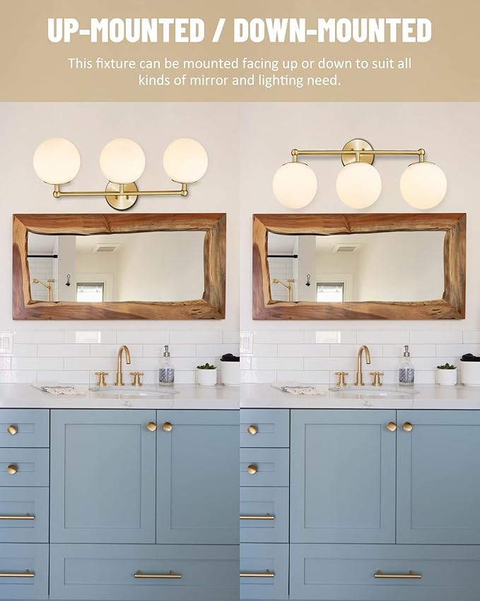 AKEZON Gold Vanity Light for Bathroom, Modern Bathroom Light Fixtures Over Mirror Brushed Gold Vanity Lights 3-Light Wall Sconce with Milky Glass Globe Shade for Mirror Living Room Bedroom Hallway