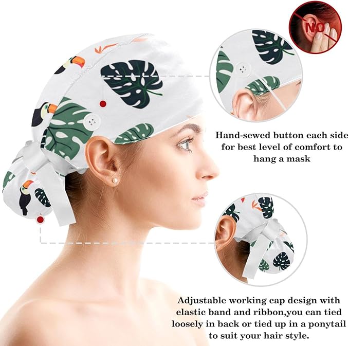 Women Working Cap with Buttons Bouffant Hat Autumn Leaves Nurse Scrub Caps Long Hair