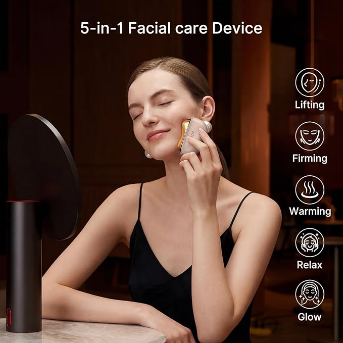 ZDEER LED Red Light Therapy Face & Neck Massager, Electric Heated Gua Sha Facial Sculpting Tool with Vibration, Skin Firming & Lifting Skincare Device, Pink, Includes 2 × 10ml Massage Oil