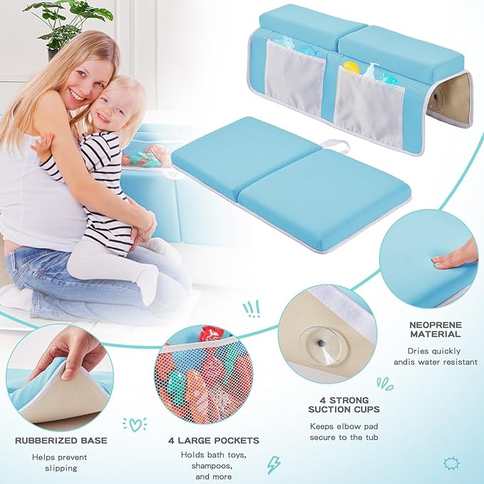 Baby Bath Kneeler and Elbow Rest Pad Set, Thick Soft Quick Dry Bathtub Mat with Toys Organizer, Blue