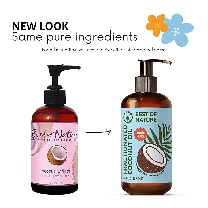 Best of Nature Fractionated Coconut Oil for Face, Hair & Massage – 100% Pure Liquid Coconut Oil for Skin, Unscented Carrier Oil for Essential Oils, Lightweight Body Oil, 8 fl oz Pump Bottle