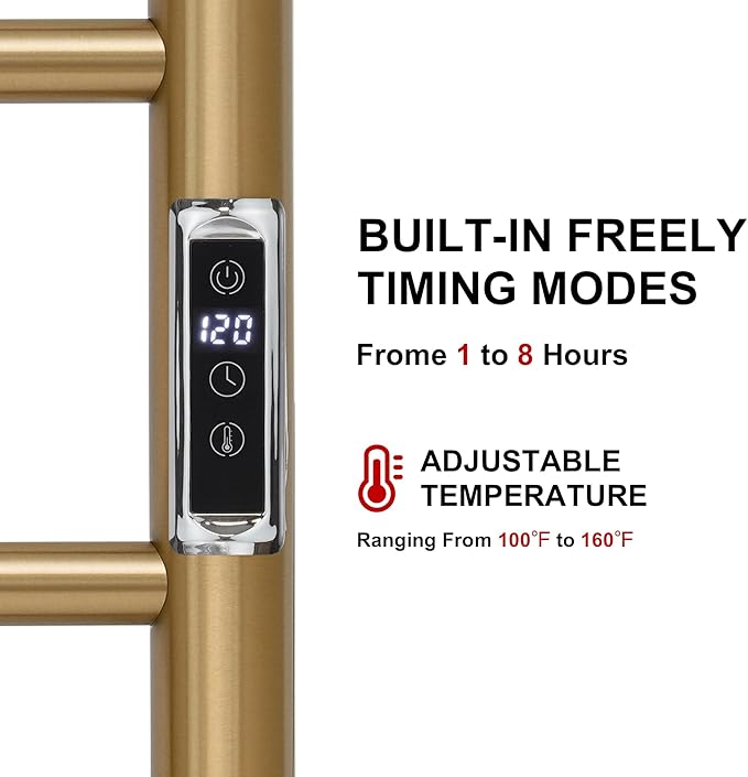 Heated Towel Racks for Bathroom, Wall Mounted Electric Towel Warmer Racks with Timer & Temperature Control, 6 Bar Stainless Steel Towel Heater for Bathroom, Brushed Gold, Plug-in
