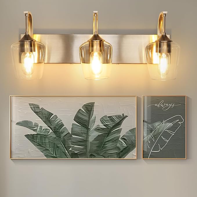 3-Light Brushed Nickel Bathroom Light Fixture With Clear Glass Shade, 23.62'' Modern Vanity Wall Lights for Bedroom Hallway Living Room (E26 Base)