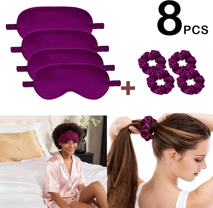 Satin Eye Mask 8Pcs Silk Sleep Masks Silky Blindfold Eyeshade Blackout Eyes Cover Scrunchies Hair Ties Travel Wedding Gifts