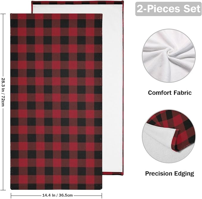 Black and Red Buffalo Plaid Hand Towels for Bathroom Set of 2,Classic Farmhouse Checkered Christmas Decorative Bathroom Towels for Bath,Face,Hair,Soft Absorbent Dish Towels for Kitchen 28"x14"