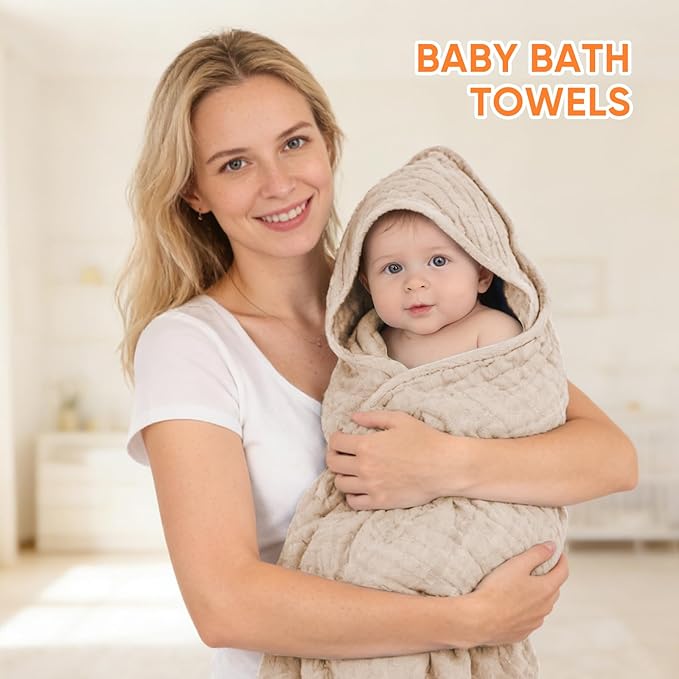 MIGIOL Muslin Hooded Baby Towels 100% Cotton ，Super Soft Muslin Baby Bath Towel - 32 x 32 Inches, Suitable for Newborn and Young Children up to 3 Years Old. (Beige & Coffee)