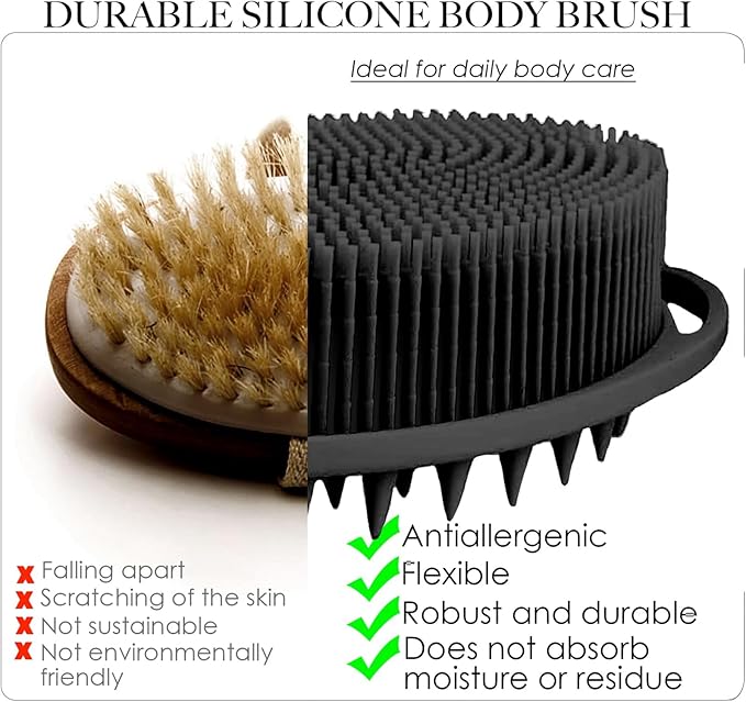 RamPula Silicone Body Scrubber, Silicone Loofah, Quick-Dry Exfoliating Body Brush for Wet or Dry Brushing, More Hygienic Than Traditional Loofah, Long-Bristle Brush, Black and Grey