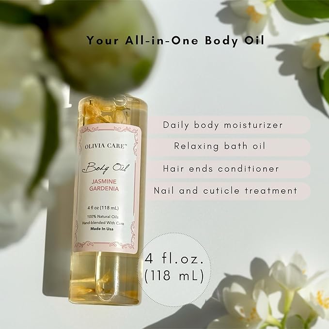 Olivia Care Jasmine Gardenia Body Oil Vegan & Natural Oil For Women | Hydrating & Moisturizing After Bath Oil - with VITAMIN E, K & Omega Fatty Acids Reduce Dry Skin - 4 OZ