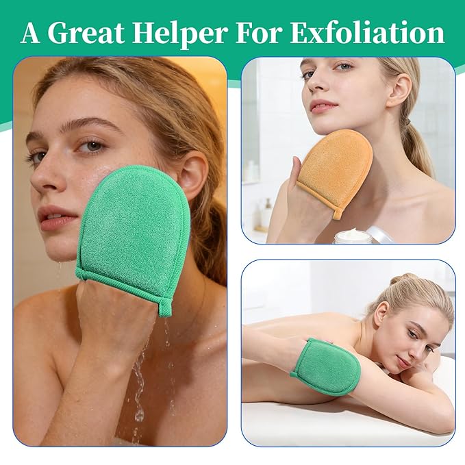 2 Pcs Exfoliating Facial Scrubber Mitt, Face Deep Exfoliating Cleaning Polishing Gloves Facial Cleansing Mitts Dead or Dry Skin Remover Face Cleaning Gloves for Men & Women (Green, Orange)