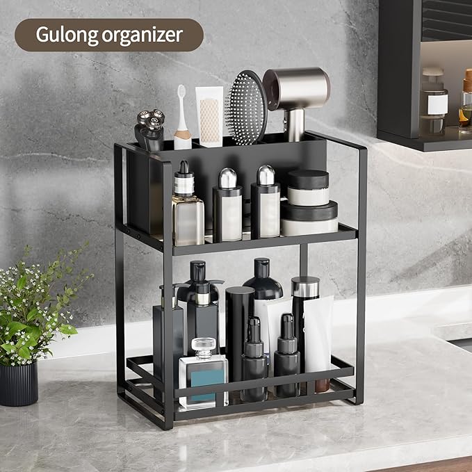 SanDream Hair Tool Organizer Bathroom Countertop, 2-Tier Metal Bathroom Organizer with Blow Dryer Holder, Large Capacity Space-Saving Vanity Shelf for Perfume, Skincare & Makeup Storage (Black)