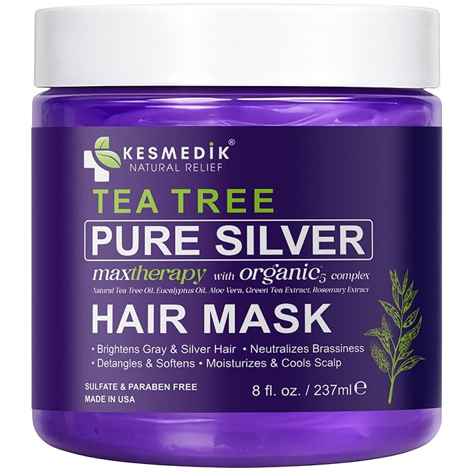 KESMEDIK Tea Tree Purple Hair Mask Toner with Argan Oil, Deep Conditioner for Dry Damaged Bleached, Blonde Silver White & Gray Hair Toner, Itchy Scalp Relief, Removes Brassy & Yellow Tones | Hydrating Hair Mask, Deep Conditioner, Hair Brightening, Gray...
