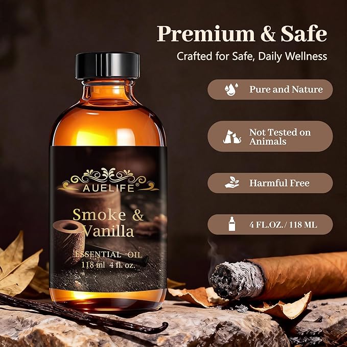 Auelife 4oz Smoke & Vanilla Men Essential Oils for Diffusers for Home - Long Lasting Fragrance Oil for Candle & Soap Making, Father's Day & Birthday Gifts for Him - Masculine Scented Oil for Men Gift